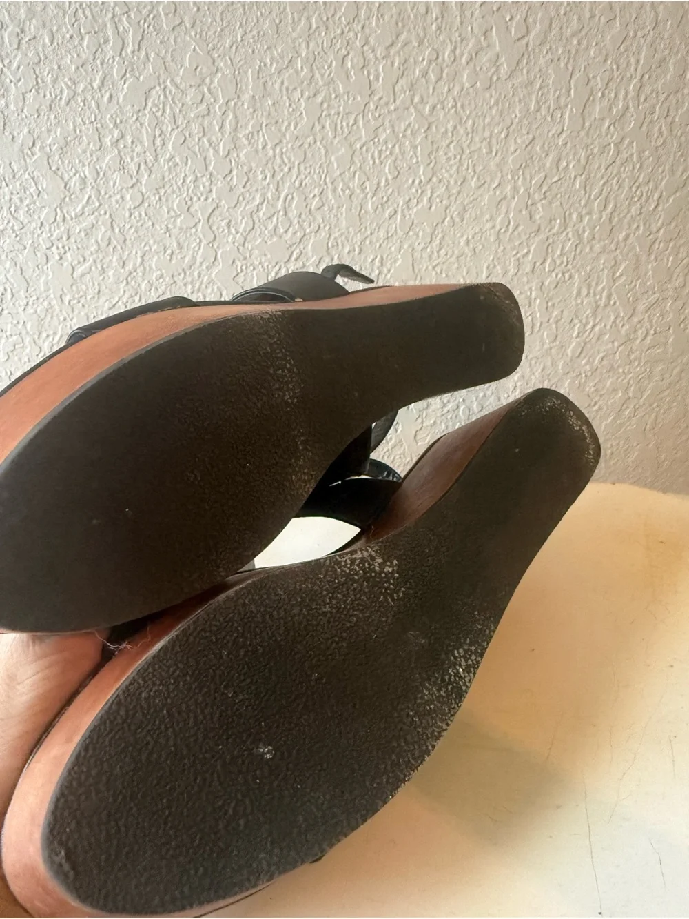 J. Jill Black Leather Platform Sandal with Wood-Tone Wedge